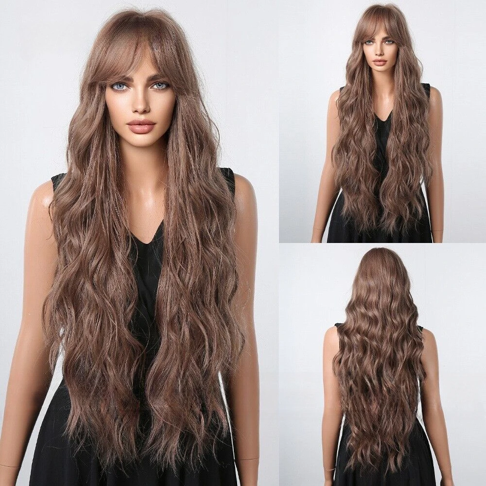 Brown long curly hair with large waves simulation full head wig for women 30 In