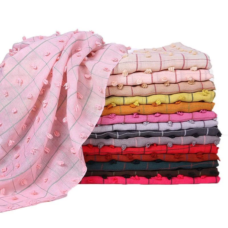 

80*180CM Malaysia Cotton and Linen Pure Color Plaid Long Towel Wool Flocking Jacquard Cut Flower Wool Ball Monochrome Headscarf