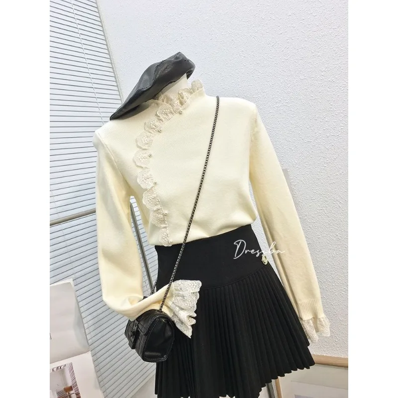 Frühling Neue Stil Spitze Stehkragen Pullover Koreanischen Stil Süße Perle Taste Schlank Bodenbildung Top für Frauen