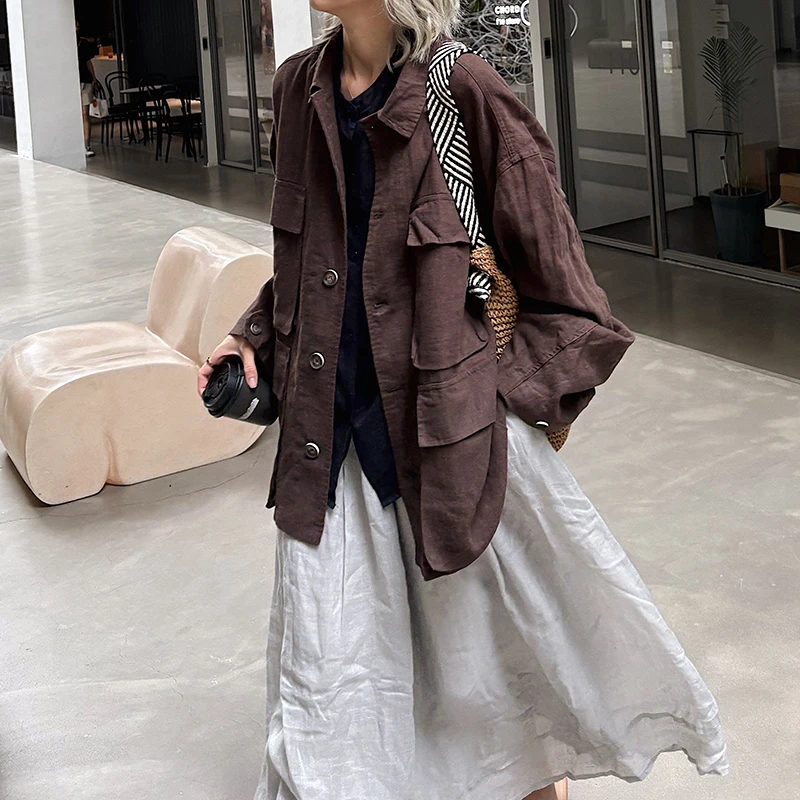 

Осенне-зимнее женское льняное пальто оверсайз в стиле кэжуал с отложным воротником, ультрадлинными рукавами, суперпрочное, ветрозащитное