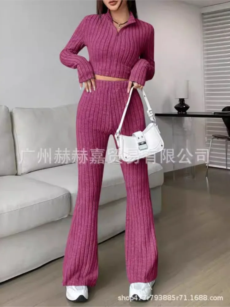 Fashion Solid Color Knitting Pants Sets Women Slim Long Sleeve High Neck Cropped Top High Waist Trousers Two Piece Set Female