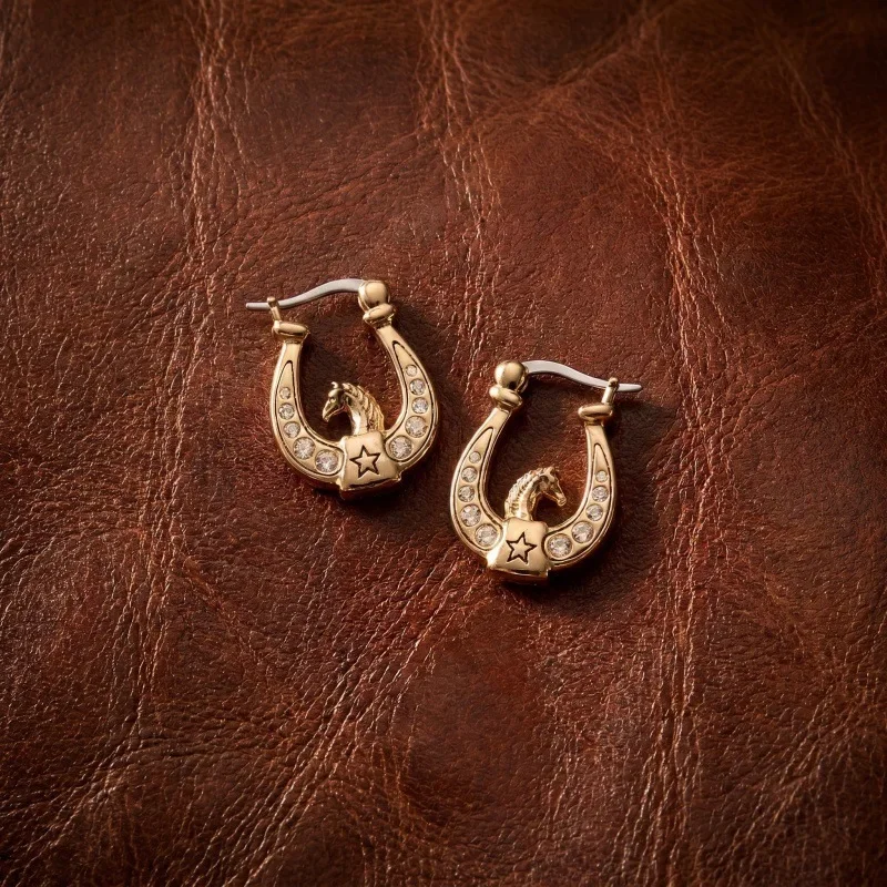 Horseshoe Horse Hoop Earrings Gold Plated Rhinestone Inlaid Western Cowboy Style Small Huggie Drop Earring Jewelry For Women