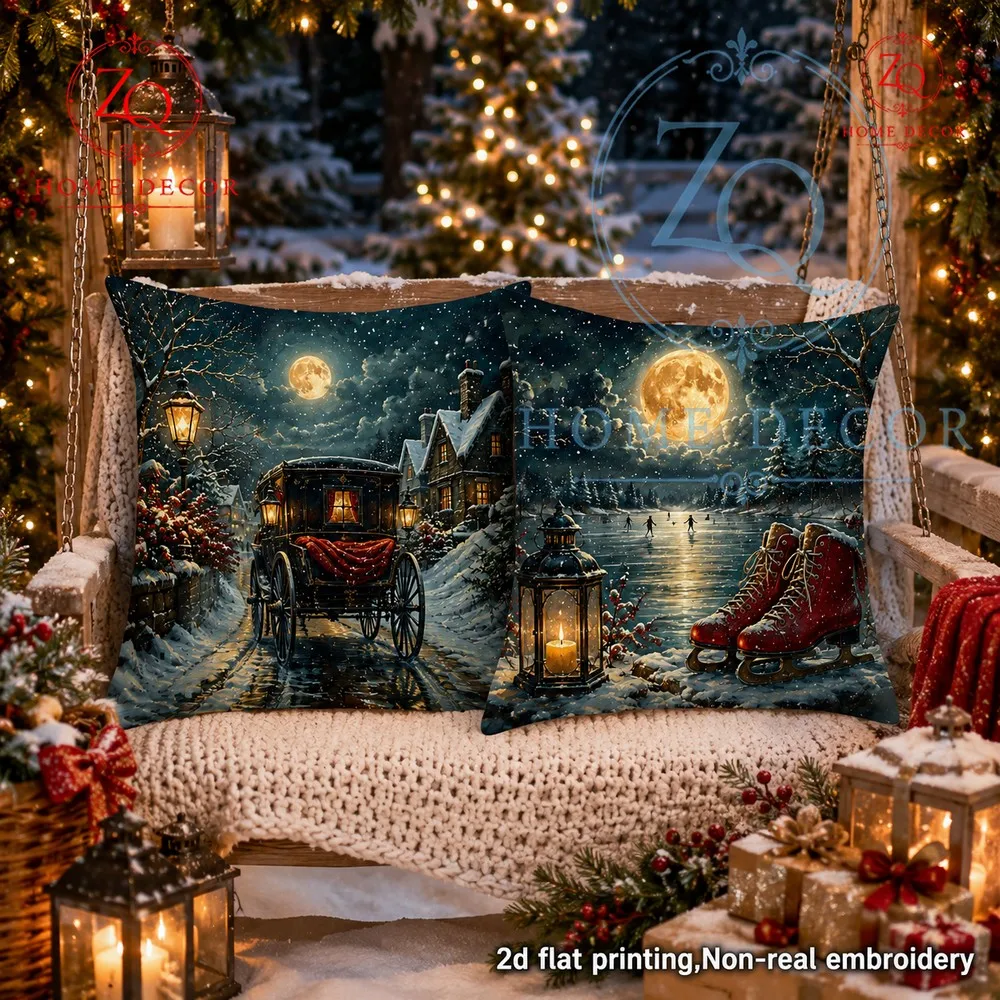 Full Moon Ice Lake Christmas Pillowcase Retro Ice Skes Oil Lamp mosphere Pillow  Holiday Home Decor Sa Cushions
