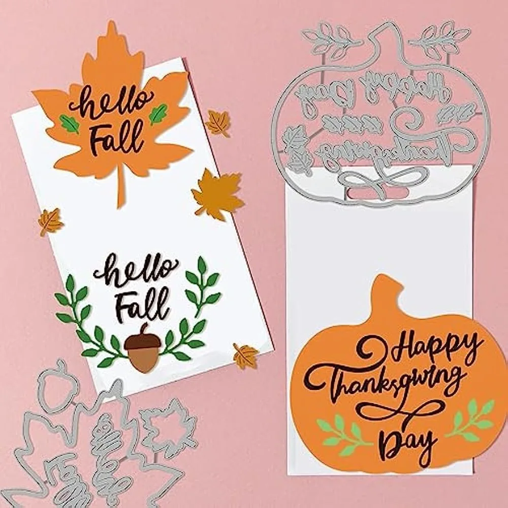 2 Sets Fall Thanksgiving Greetings Cutting Dies for DIY Scrapbooking Metal Autumn Pumpkin Maple Leaf Die Cuts Embossing Stencils