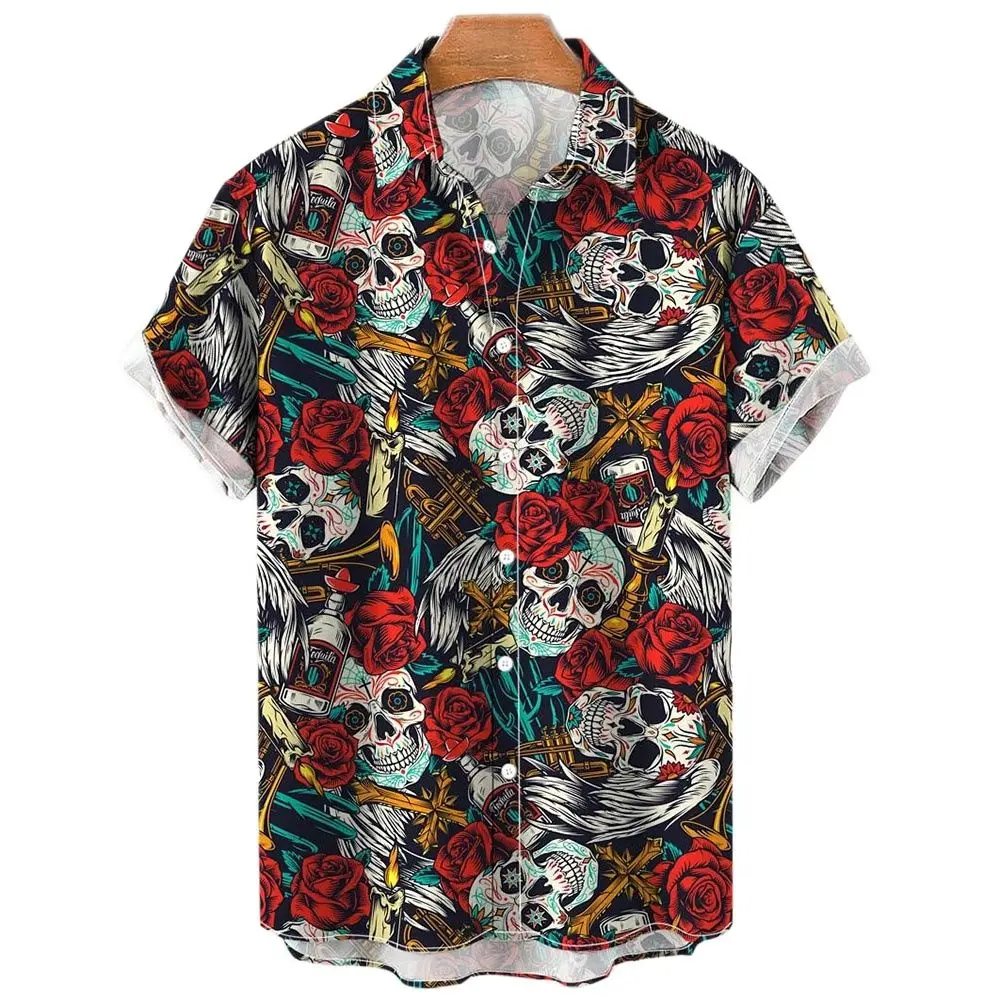 Men\'s Shirt Sailing Skull Print Shirts Hawaiian Fashion Casual Rock Print Plus Size Tops 2023 New Beach Men\'s Clothing Shirt