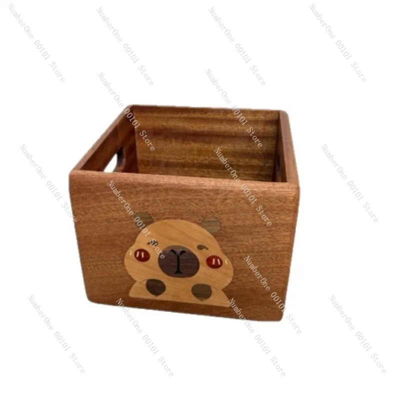 Charming Cartoon Capybara Solid Wood Desktop Storage Box Cute Wooden Organizer Basket for Snacks Cosmetics Toys Sundries Home