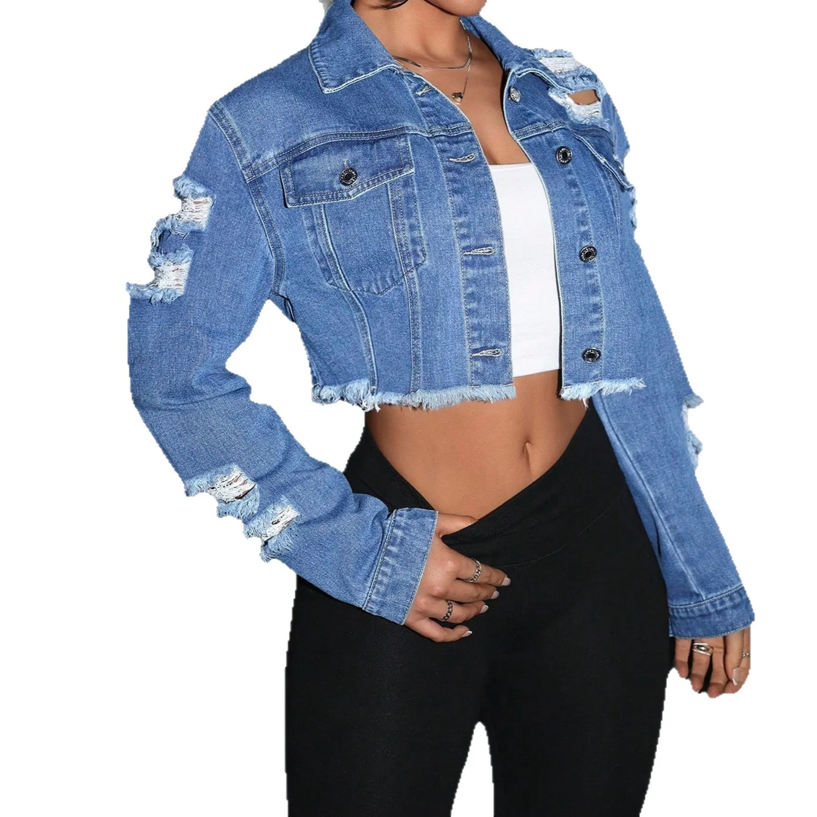 

Denim Jacket Women Short Coat Hole Distressed Vintage Washed Single Breasted Turn Down Collar Autumn Female Outerwear Streetwear