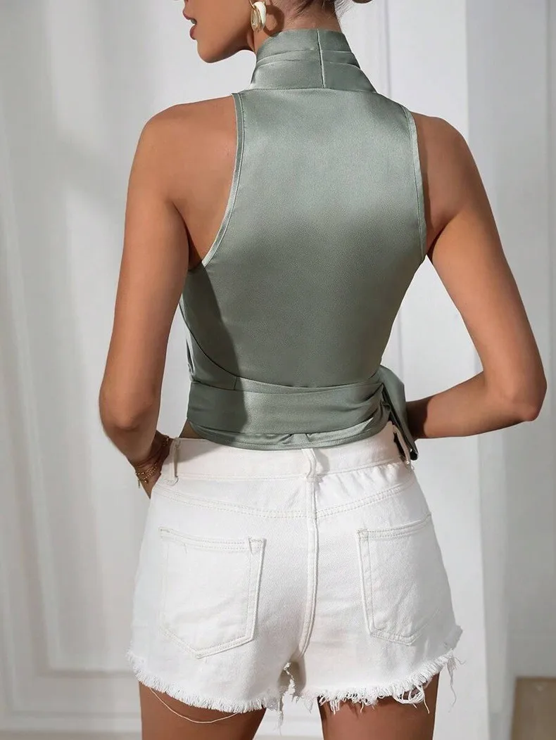 Women's Satin Sleeveless Halter Neck Tie Front Wrap Side Solid Color Slim Fit Blouse Tank Top for Women Clothing Female Fashion