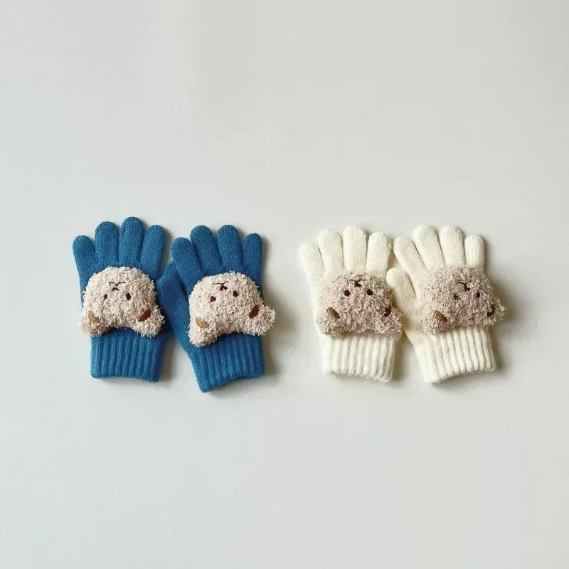 New Kids Winter Wool Gloves Kawaii Cartoon Bear Doll Gloves for Children Boy Girl Outdoor Utumn Warm Knit Cashmere Plush Glove