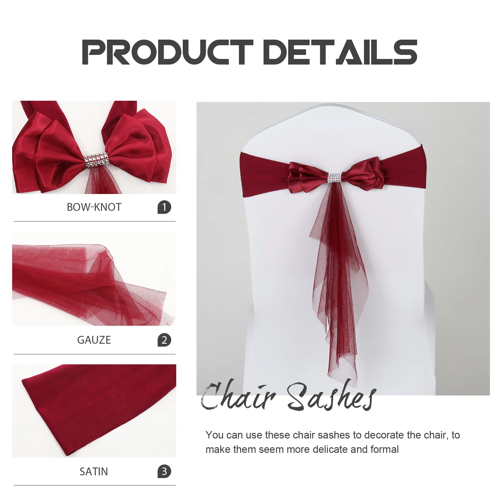 

10Pcs Luxury Chair Sashes for Wedding Party Home Hotel Decor Bowknot Chair Back Decoration Accessories Cover Sashes with Bows