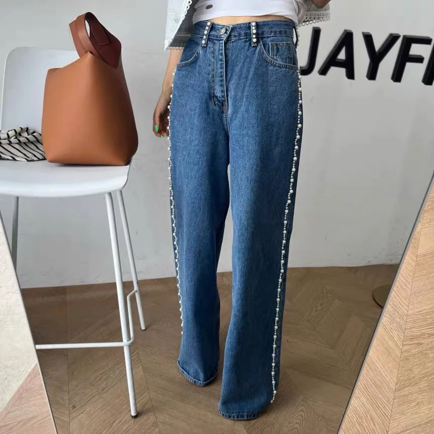 

Джинсы Dongda Gate с высокой талией, прямые, свободные, с эффектом похудения, с жемчужной отделкой, широкие штанины, летние 2024, женские, премиум-класса