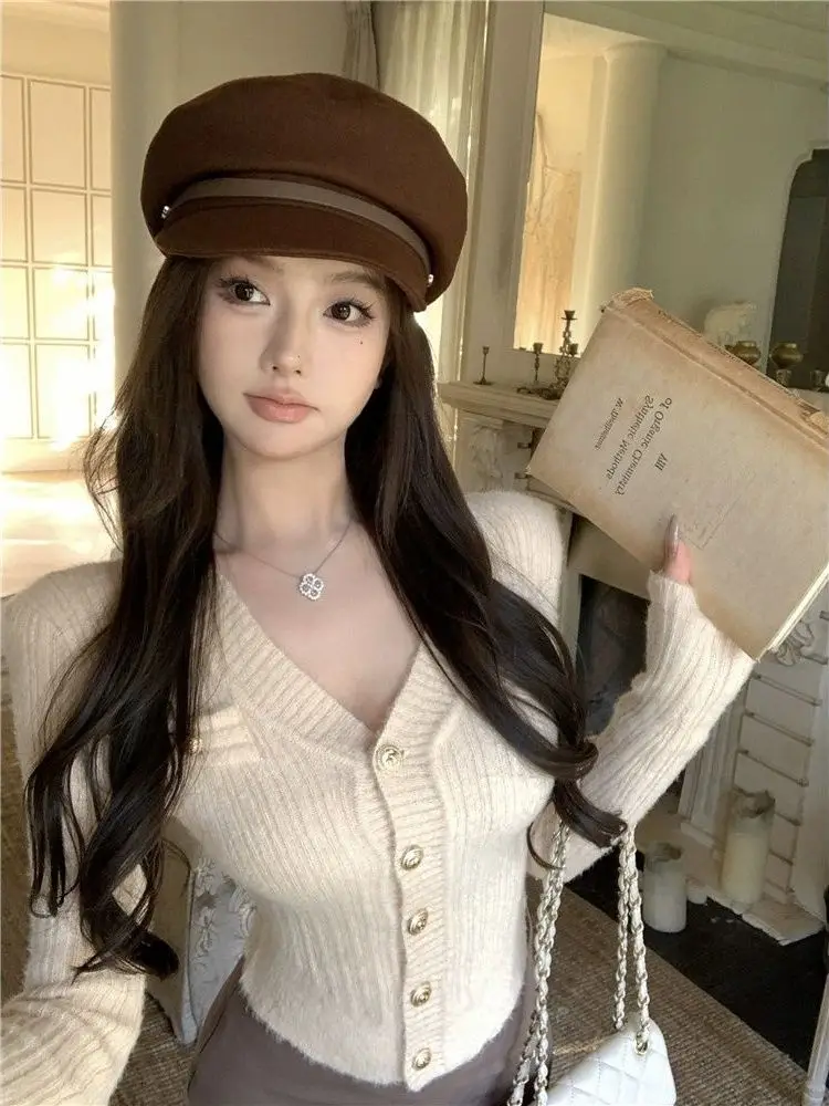 

Ele Versatile Vintage Early Spring New Sle Personali Small Wind Long Sve вязаный свитер женский тонкий V Ne...