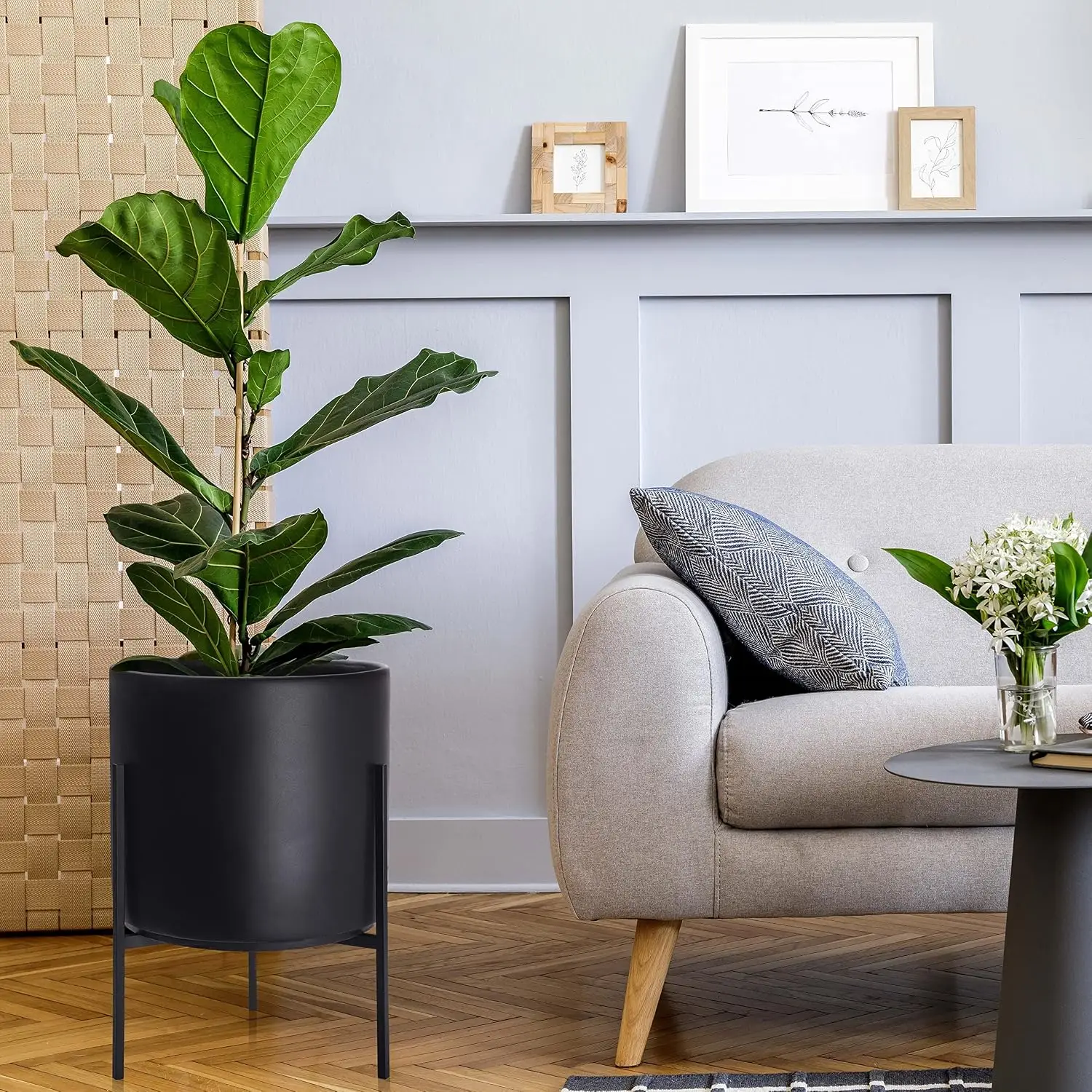 14 Inch Black Cylindrical Fiberclay Plant Pot with Heavy-Duty Iron Stand, Sturdy Indoor Decorative Plant Container Equipped with Drainage Hole and Matching Drip Saucer for Houseplant Displays