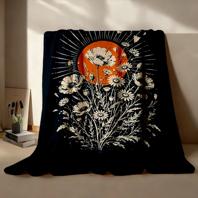 Wildflower Sunburst Flannel Blanket, Boho Poppy Daisy Flannel Throw, Vintage Botanical Cottagecore Gift for