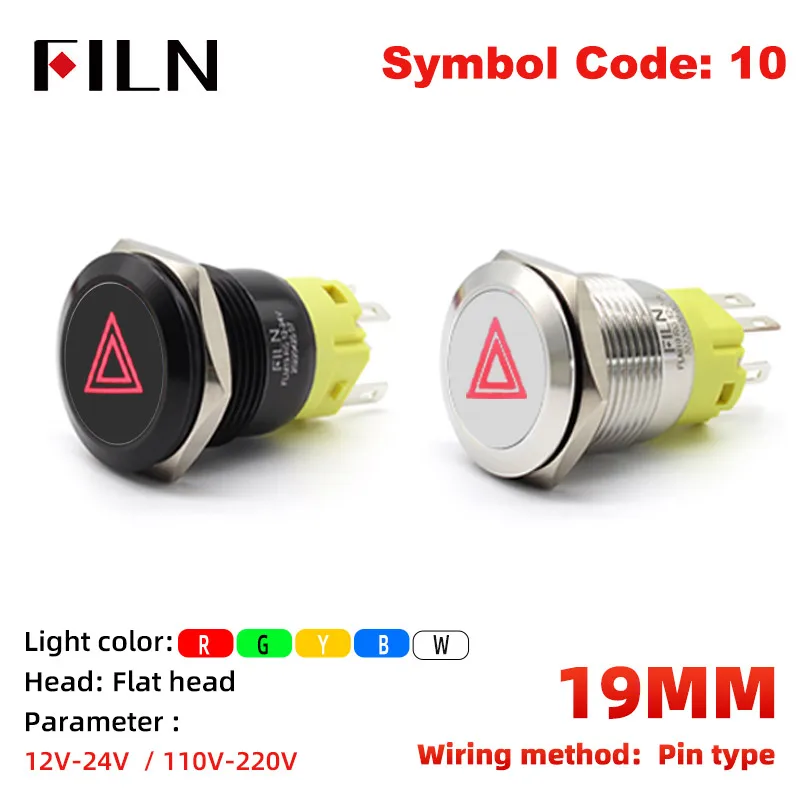 

FILN 19mm 12V LED Black Shell Stainless Steel Metal Push Button Switch Dashboard Custom Warning Symbol Car Racing Switch