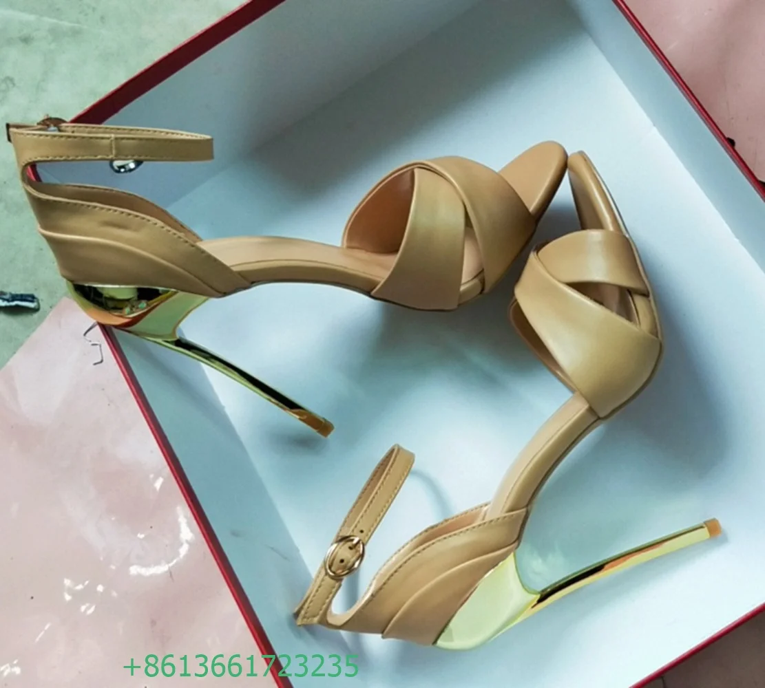 Metal Super High Heel Nude Sandals Cross Peep Toe Ankle Strap High Heels Women Summer Sexy Fashion Sandals Stiletto Leather Shoe