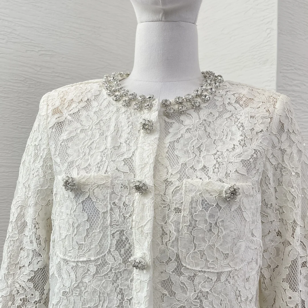سترة علوية وتنورة امرأة 2 قطعة مجموعة الزي 2025 جديد جميل أبيض طويل الأكمام الدانتيل المرقعة الماس #2