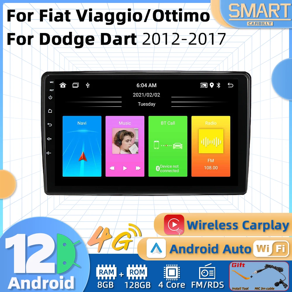 Car Radio for Dodge Dart Fiat Viaggio/Ottimo 2012-2017 Screen 2 Din Android Stereo Multimedia Navigation Head Unit Carplay WiFi