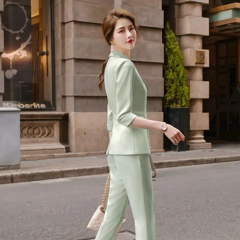 Spring Summer Half Sleeve Blazer and Pant Suit Beige Black Green Office Ladies Formal Business Work Wear Two Piece Set