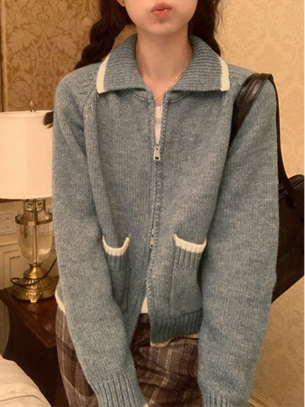 

Chic Autumn Winter ort Knitted Cardigan Women's Faion Double Zipper Flip Collar Sweater Korean Sle Loose Fit Long Sve