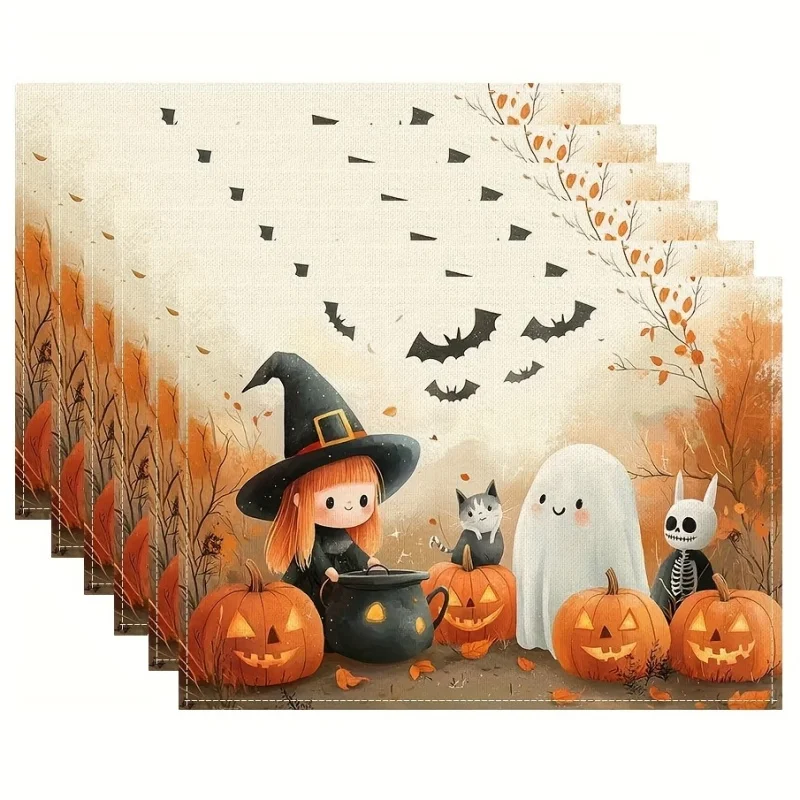 Halloween Ghost Pumpkin Placemats, Bat Autumn Scenery Printed Linen Table Mats, Spooky Holiday Table Decor