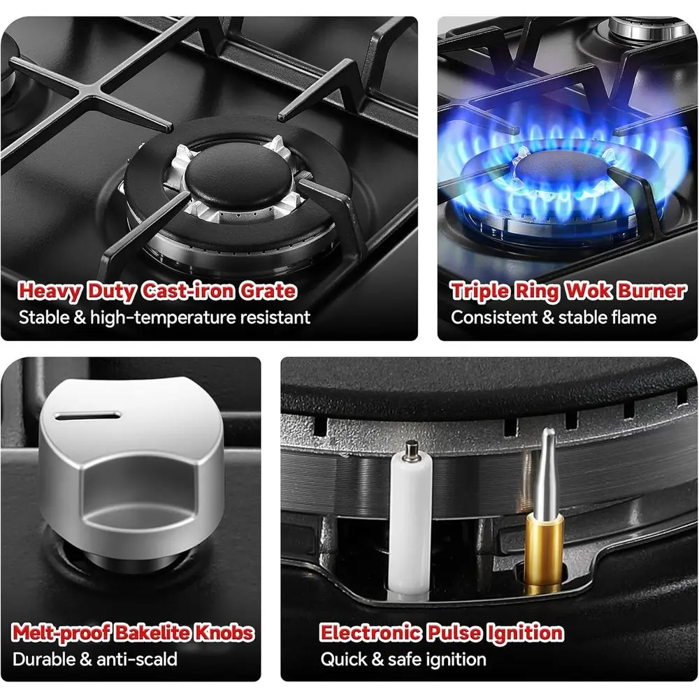 Fogão a Gás de 24 Polegadas com 4 Queimadores, Esmalte Preto, Conversão NG/G e Proteção Térmica