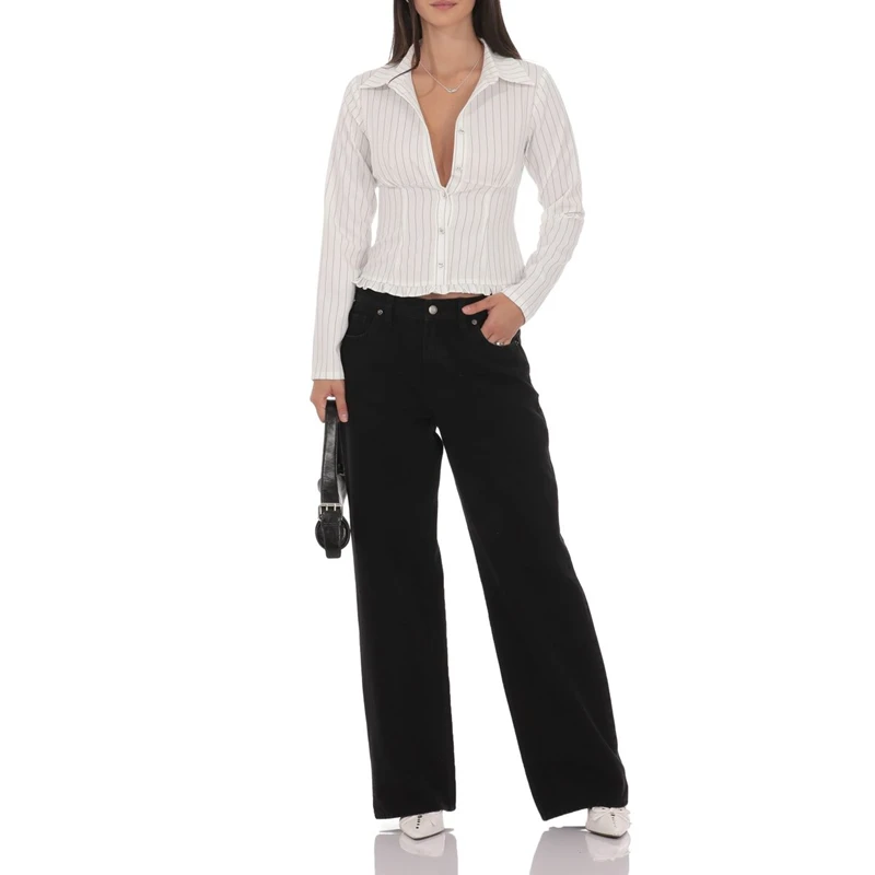 Combhasaki femmes Y2k élégant à manches longues à fines rayures chemisier à volants ourlet boutonné revers col smocké mince rayure chemise courte haut