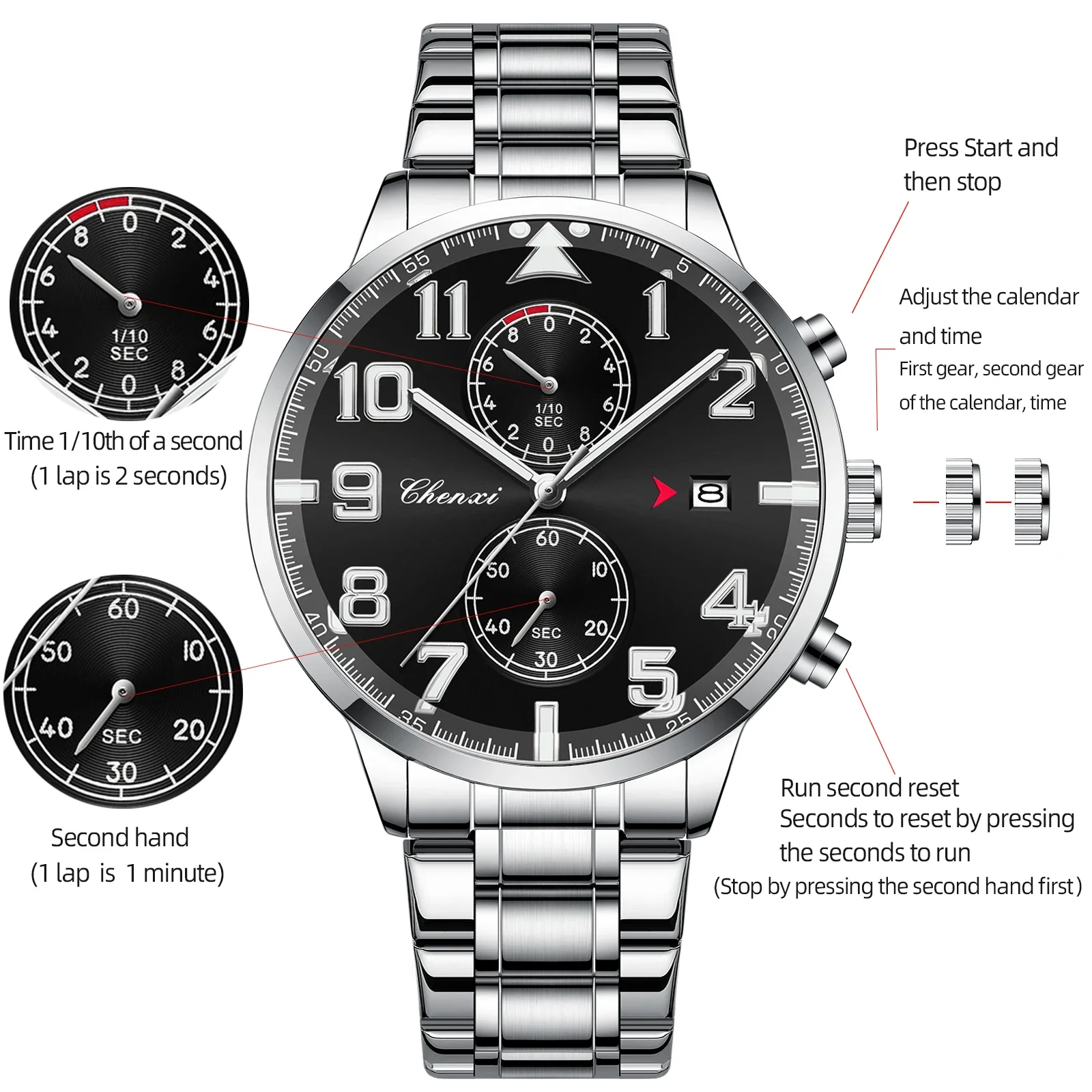 CHENXI 9073 Large Dial Quartz Men's Watch Chronograph Calendar Waterproof Luminous Luxury Watches for Men Relogios Masculino