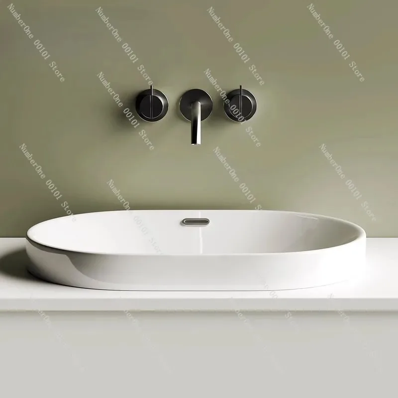 High-end oval semi-recessed ceramic washbasin with smart clean glaze surface,easy to maintain and resistant to stains