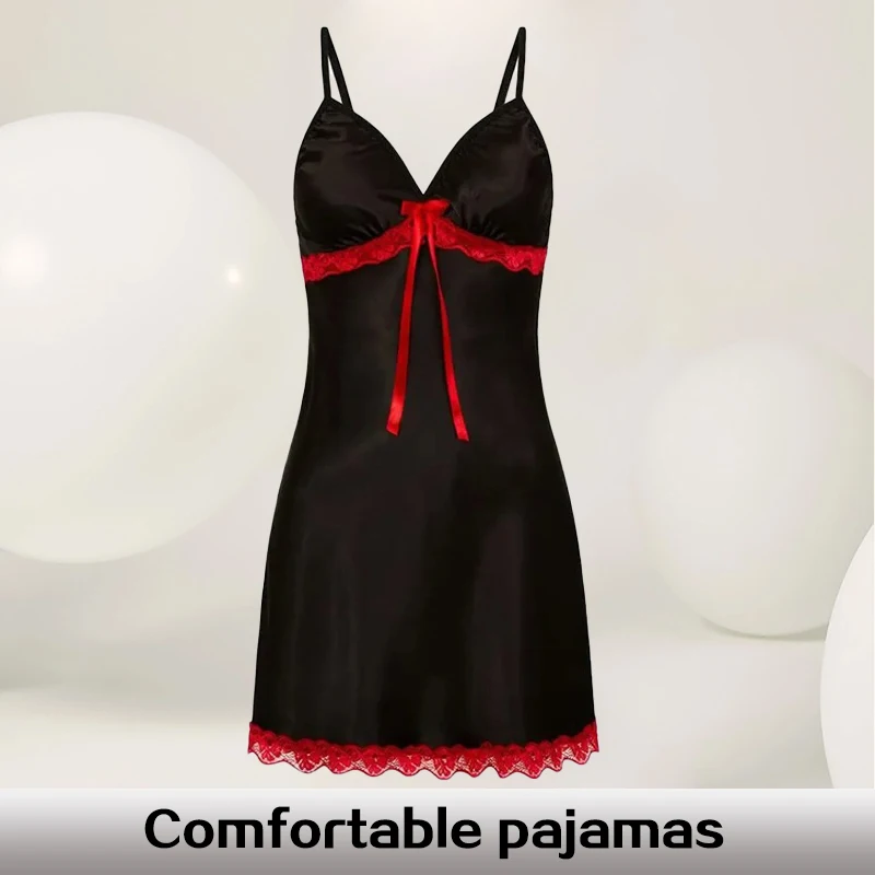 Women's Deep Neckline Black Knee Length Sexy and Comfortable Camisole Pajamas with Red Bow and Red Lace Trim