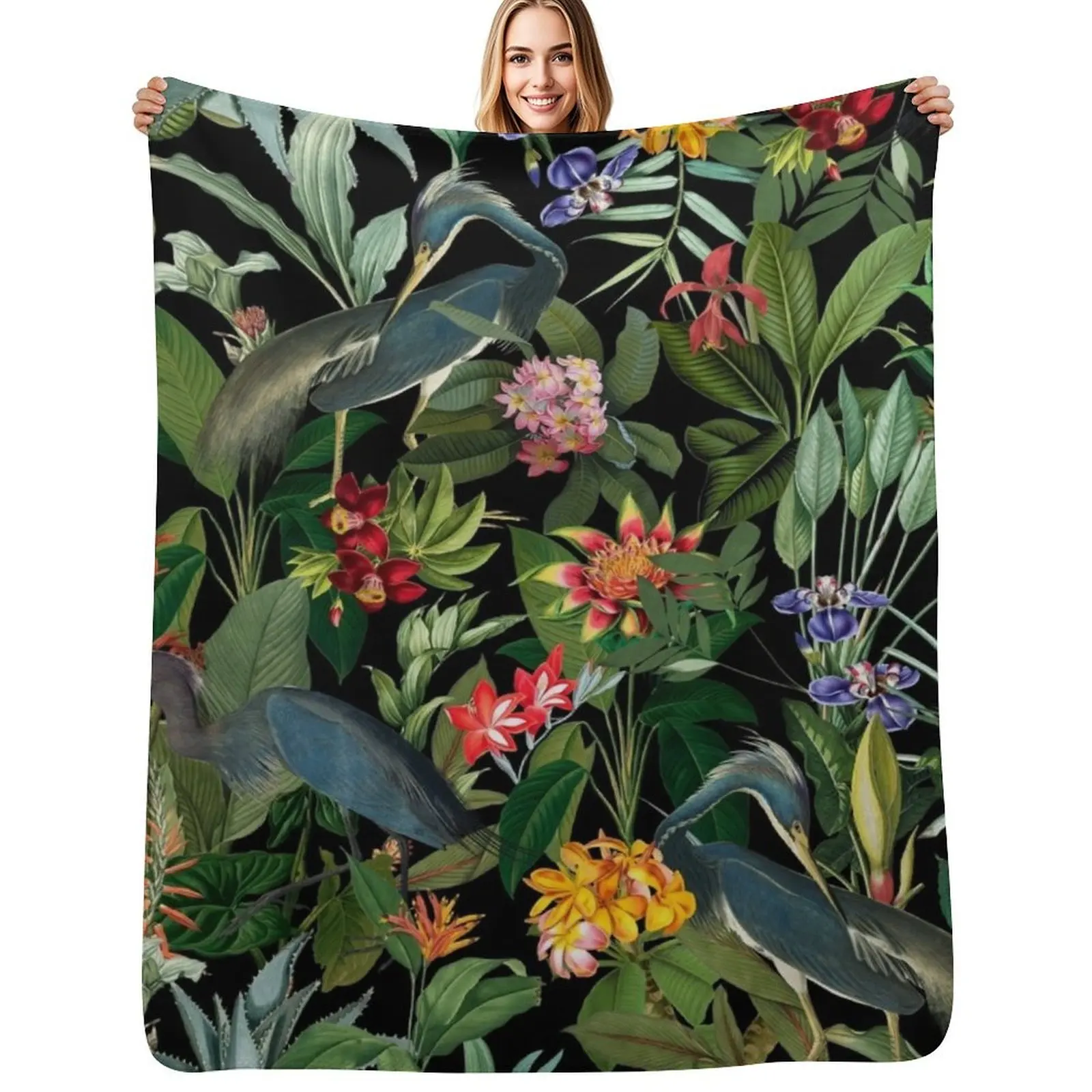 

Vintage Pattern - Blue heron and tropical flowers Throw Blanket Long Lasting Soft Plush Blanket for Daily Use