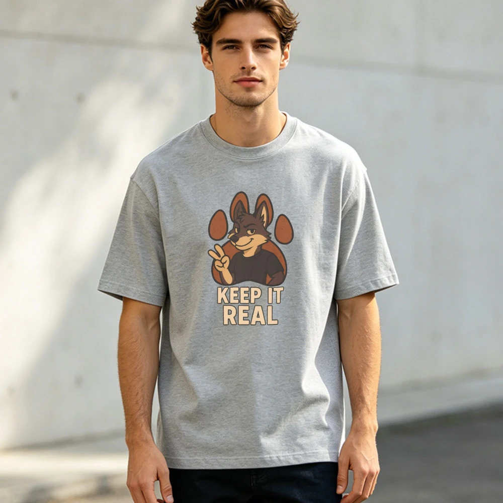 Simple Paw Frame Coyote Peace Gesture Graphic Tee Men Cotton Crew Shirt City Stroll Daily Lightweight Casual Wear