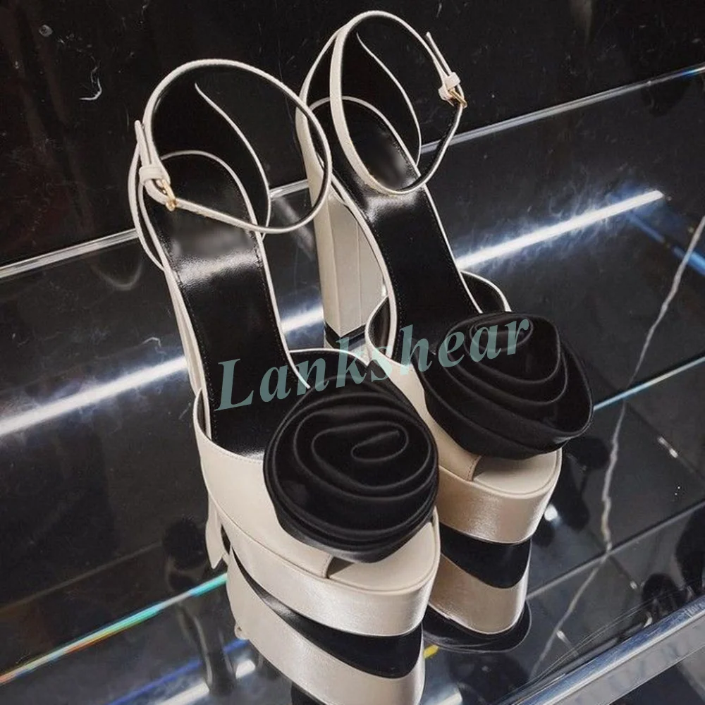 Black Suede Platform Block Heel Sandals for Women Hand-Rolled Satin Rose Flower Ankle Strap Buckle Bridal Footwear Chic Outfit