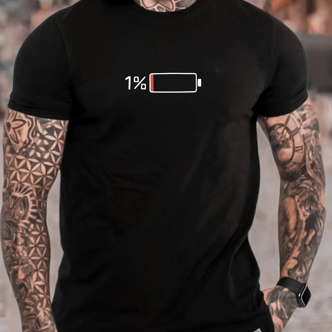 1% Battery Low Graphic T-Shirt Men's Fashion Casual All Cotton Comfortable Wear Unique Design Statement Tee