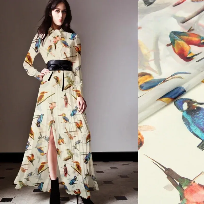 140cm Wide 8mm Hundreds Of Birds Print Silk Chiffon Fabric For Summer Long And Short Dress Beach Dress Shirt Clothes R1695