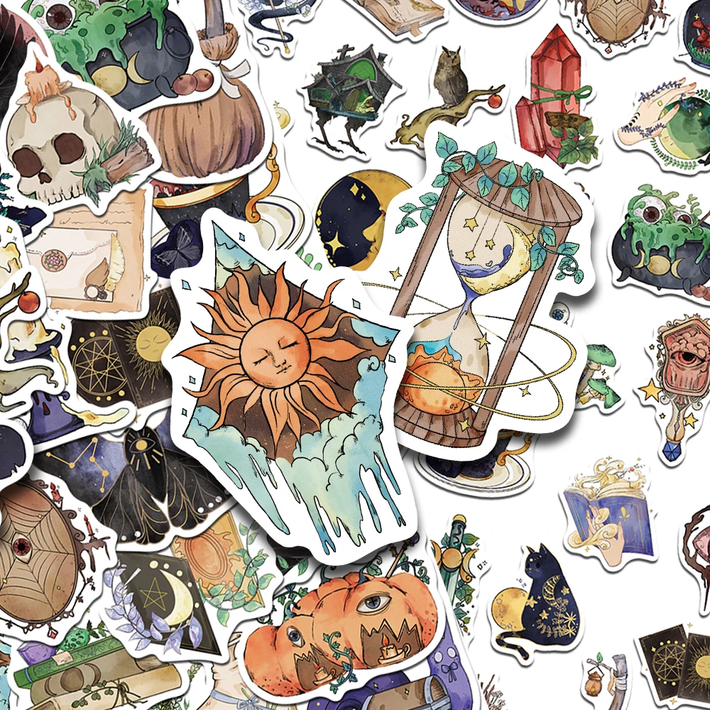 50pcs Cartoon Watercolor Witch Stickers Decals For Laptop Notebook Skateboard Helmet DIY Aesthetic Stickers Creative Gifts