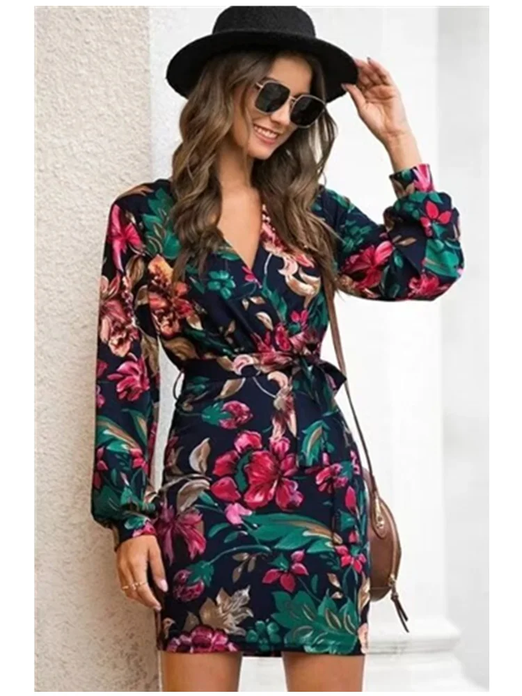 Zevity 2024 Women Elegant Corss V Neck Floral Pirnt Bow Sashes Mini Dress Female Chic Long Sleeve Casual Slim Vestidos DS6202