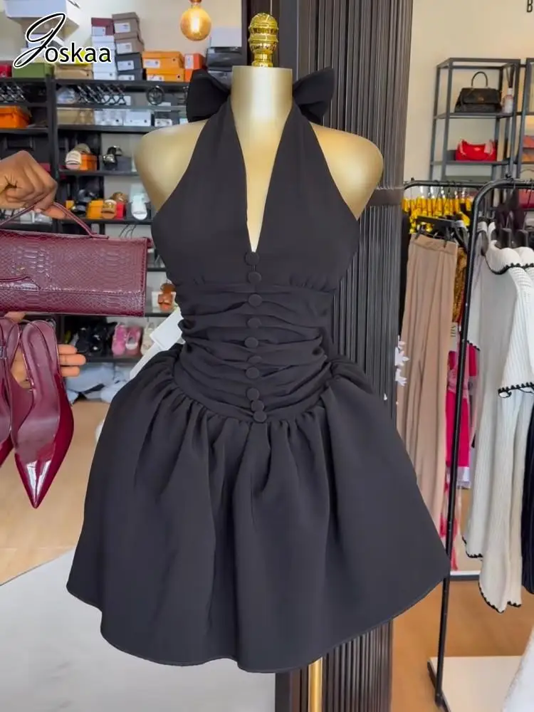 

Joskaa 2025 Summer Women's Elegant Pleated V-Neck Black Dress Sexy Halter Bow Backless Skinny Mini Dresses Party Clubwear S-XXL