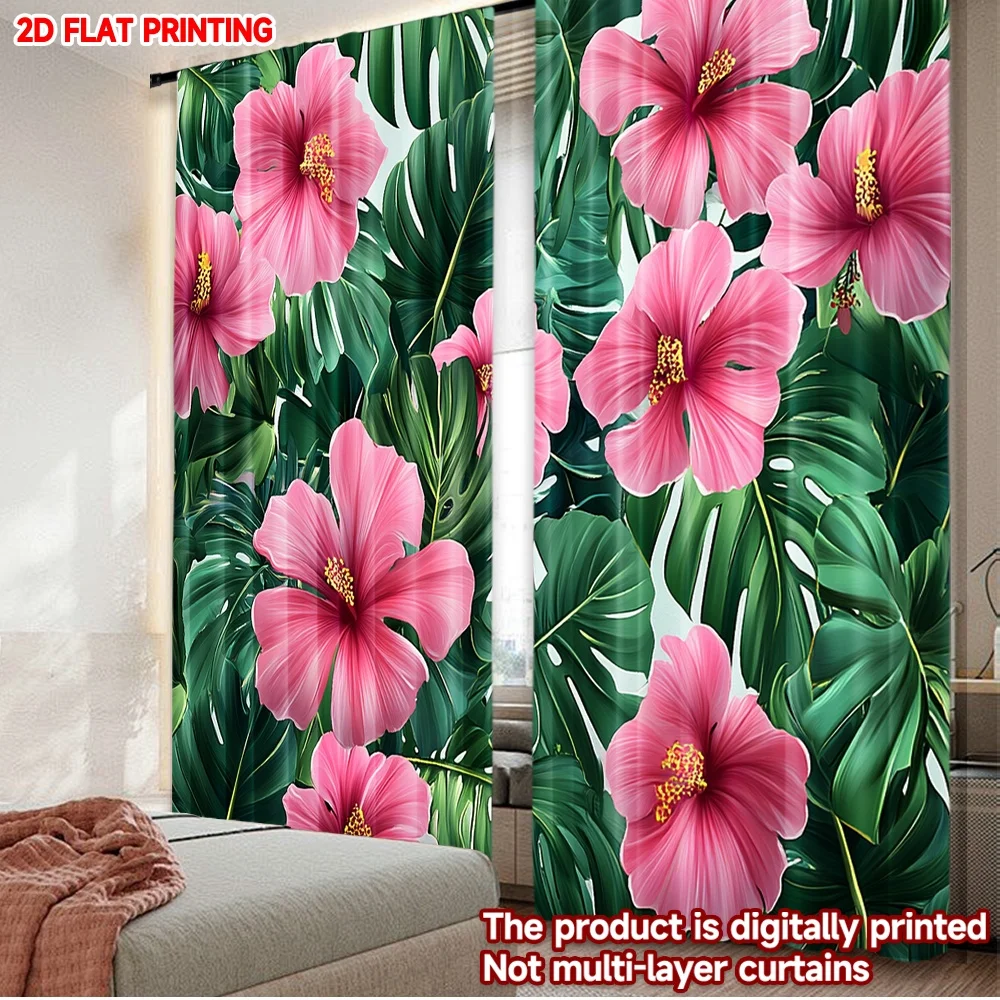 2D flat printing 2pcs Curtain Curtains Tropical Pink Hibiscus Digital Printed Polyester Drapes Birthday Party Perfect for Room