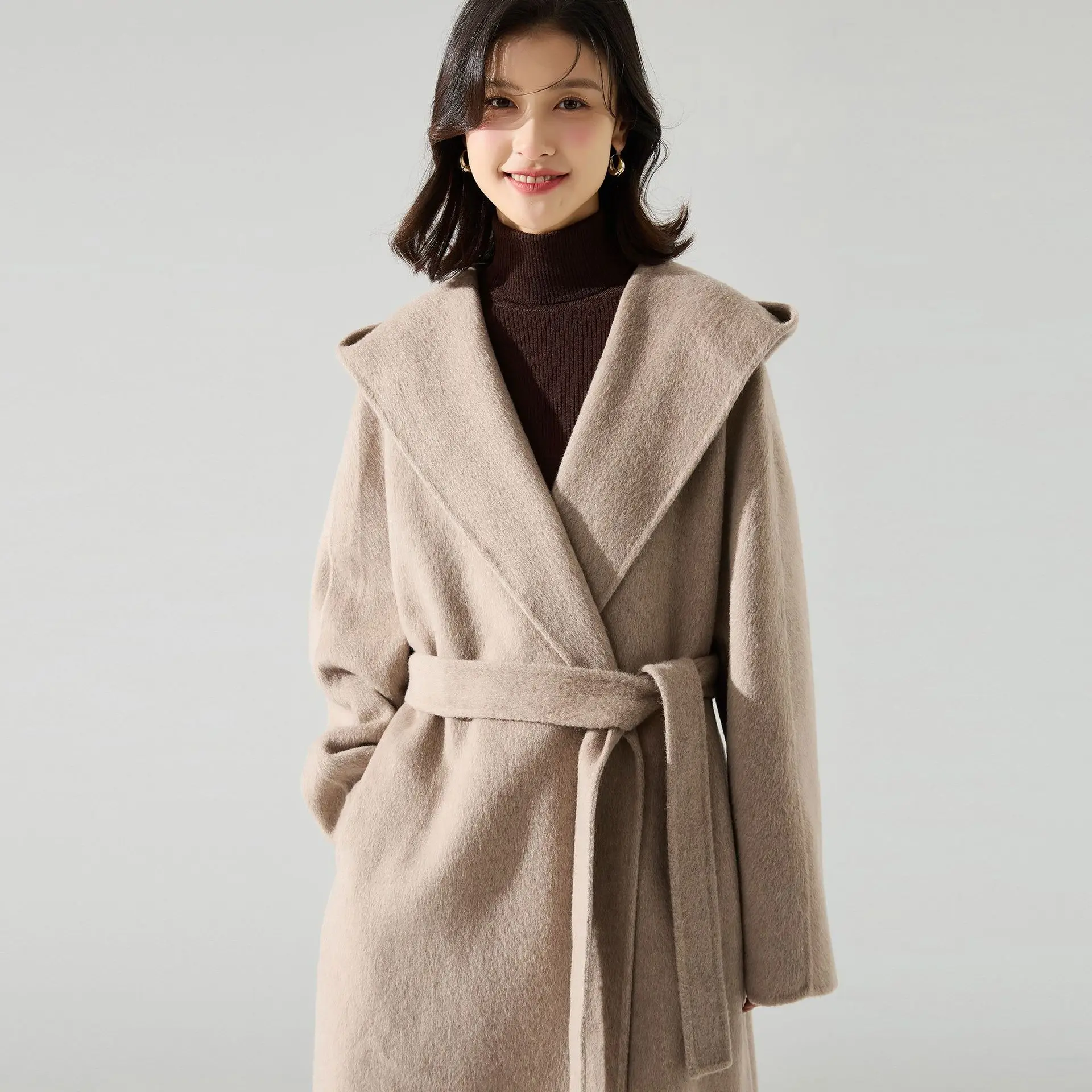 

23 winter new silk cashmere wool coat women's long high-end hooded bathrobe double-sided tweed coat