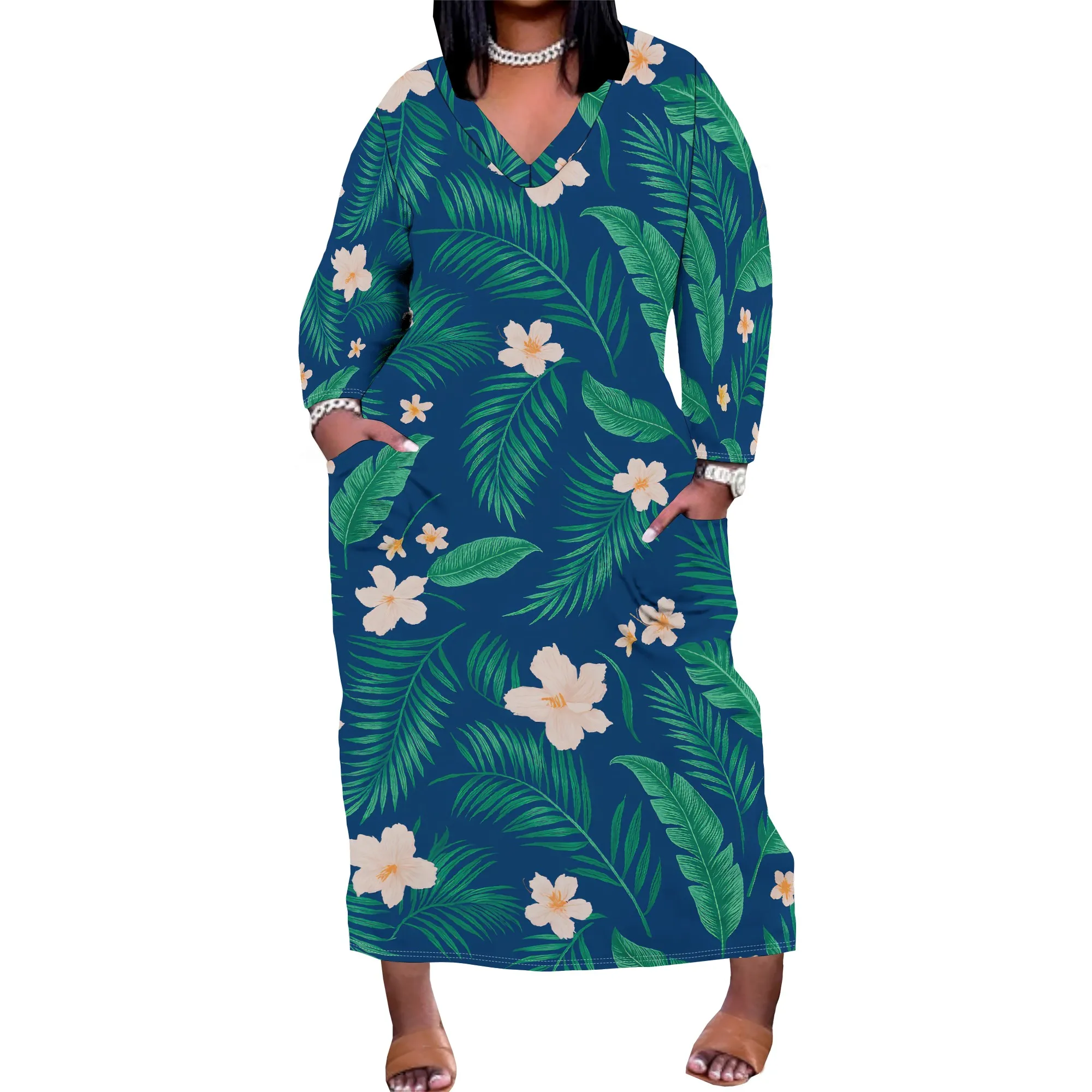 Abiti maxi taglie forti da donna a maniche lunghe con scollo a V, vestibilità ampia e casual, con tasche, abiti di tendenza autunnali