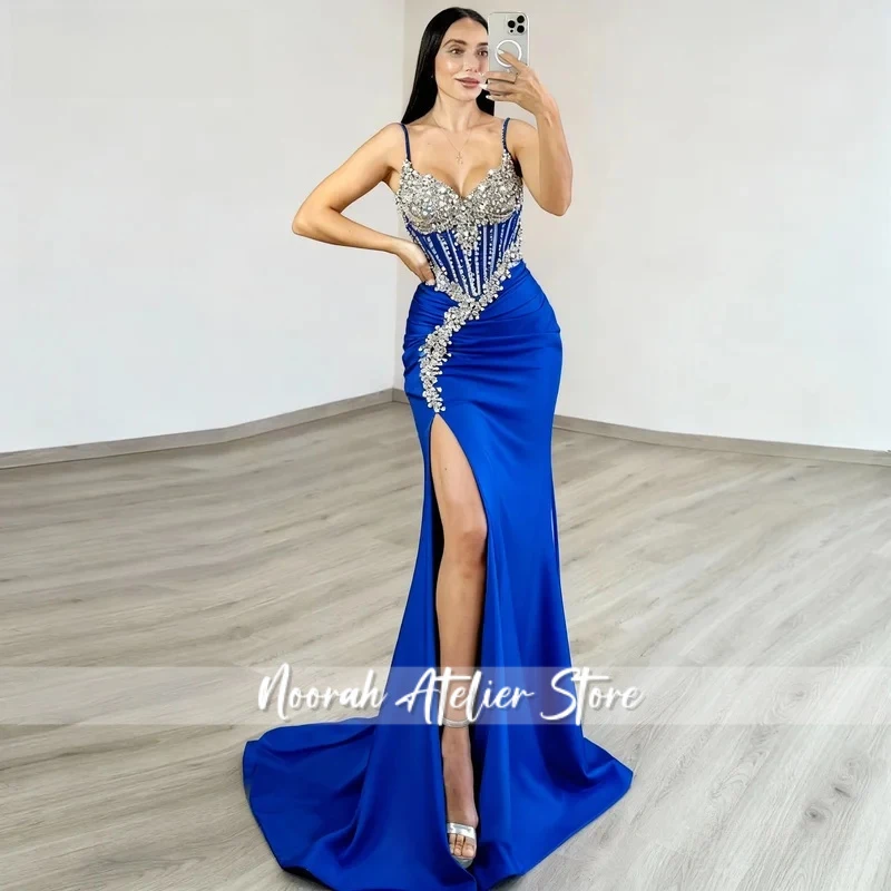

Fancy Trumpet Prom Dresses 2026 Woman with Rhinestones Spaghetti Straps High Slit Pleat Robes De Soiree Customized