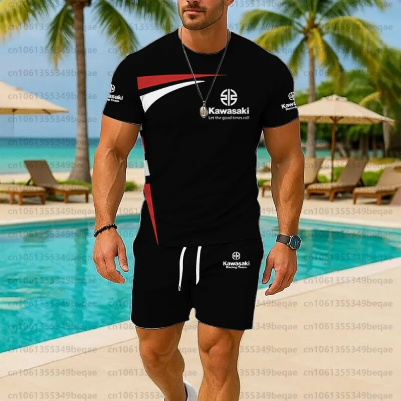

Summer Hot Selling New Men Set Kawasaki Pattern Quick Drying Breathable Sports Set Street Style High Quality Round Two-piece Set