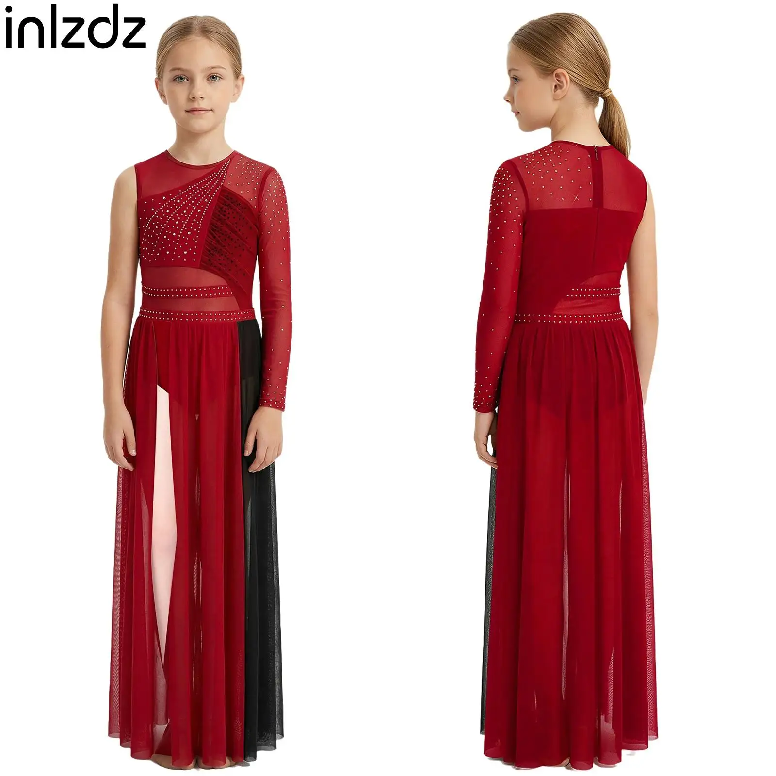 

Kids Girls One Shoulder Ballet Lyrical Modern Dance Dress Side Split Rhinestones Mesh Dress for Skating Gymnastics Performance