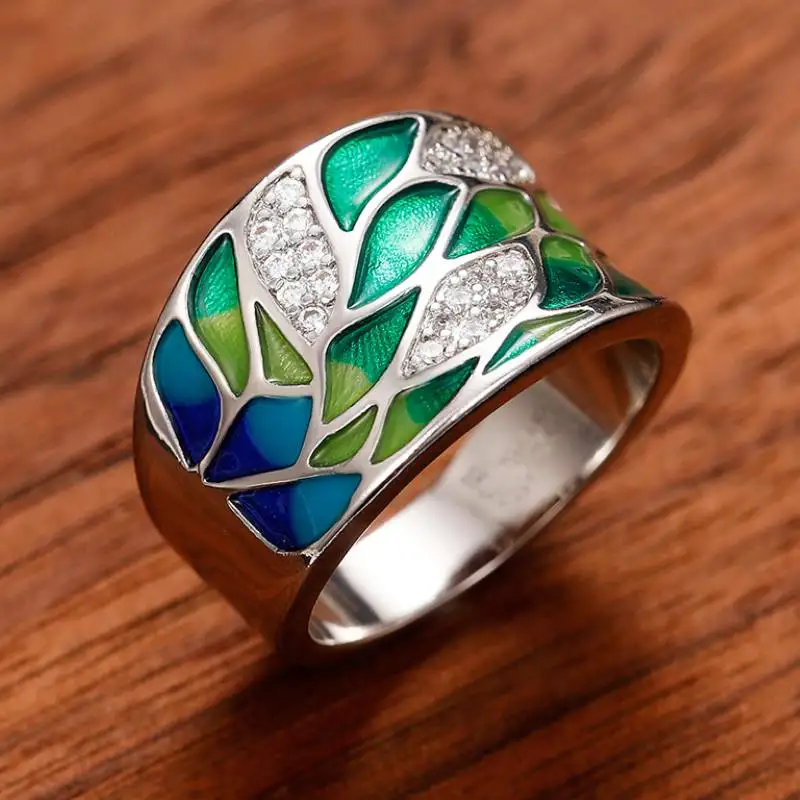 Huitan Sanfter grüner Blatt-Emaille-Ring für Damen, mit glänzendem CZ-Stein, im Bohemia-Stil, modisch, für Party, Hochzeit, Accessoires, Schmuck