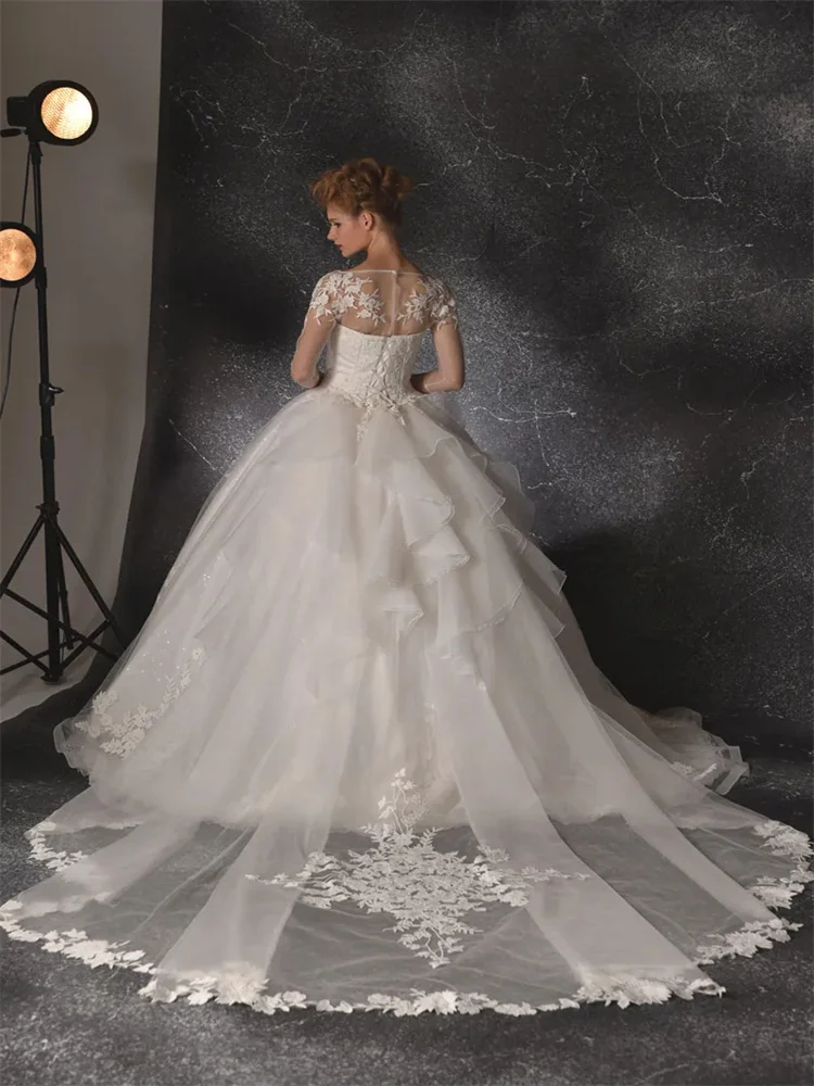 Ball Gowns Elegant Wedding Dress Boat Neck Three Quarter Sleeves Back Zipper Floor Length Royal Train Tulle Dress With Applique