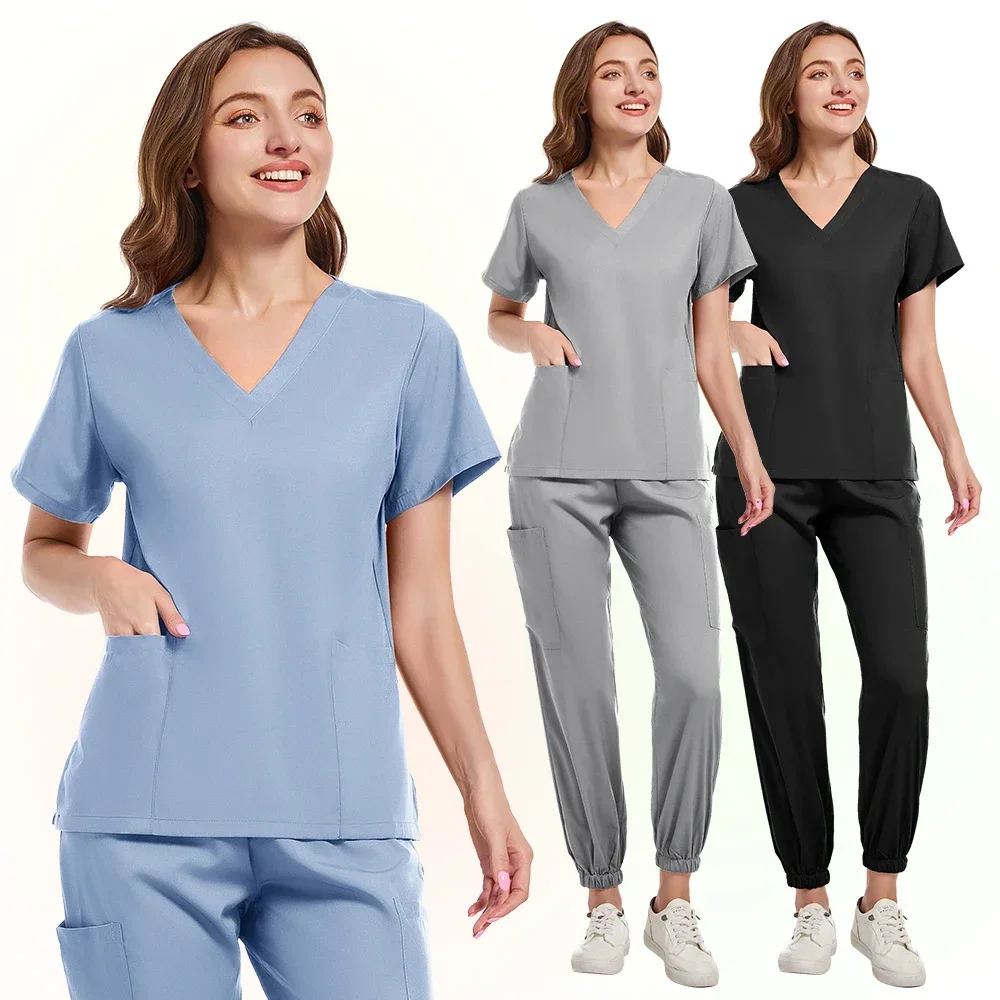 New Short Sleeve Scrubs Top With Pocket Pants Medical Nurse Uniforms Doctor Surgery Overalls Spa Outwear Beauty Salon Workwear