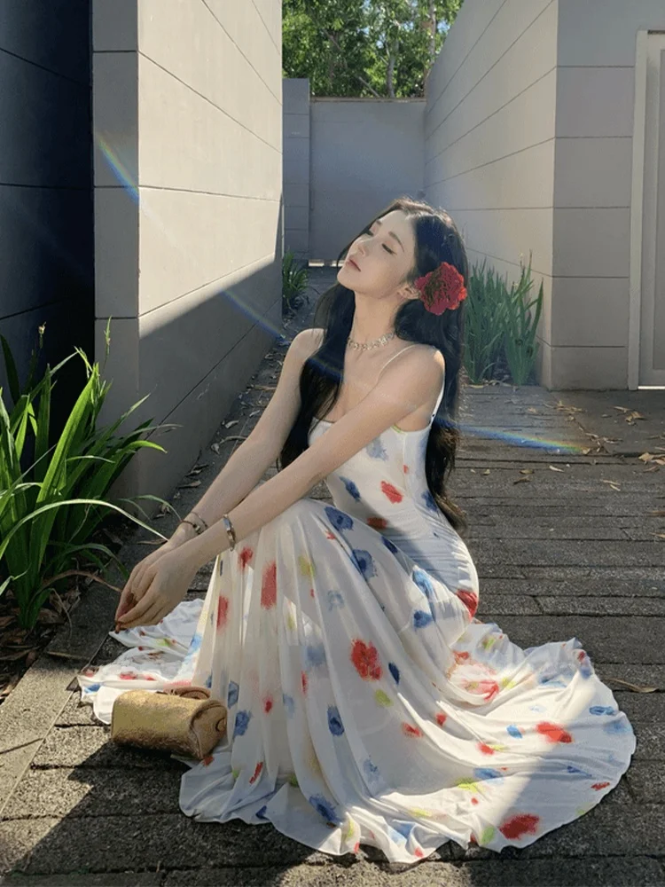 

SYJ ujia Summer Watercolor Strapl Dr Slimming High Waist Fi Tail Skirt for plus Size Women Casual Commute Sle