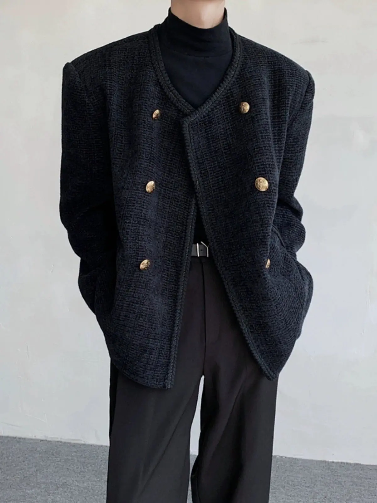 Double-breasted Luxury Tweed Jacket Men Korean Streetwear Woven Oversized Blazer Edgy Spring Autumn Chic Loose Fit Coat
