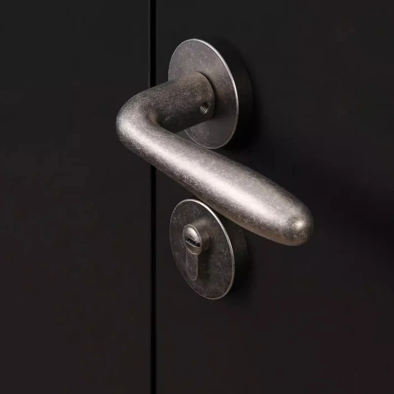 Vintage Silver Gray Magnetic Silent Door Lock for Bedroom, Antique Patina Latch, Mid Century Privacy Handle, Rustproof Hardware